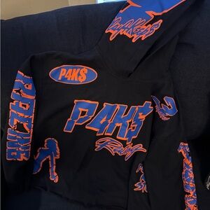 Black Hoodie with Orange and Blue Graphics